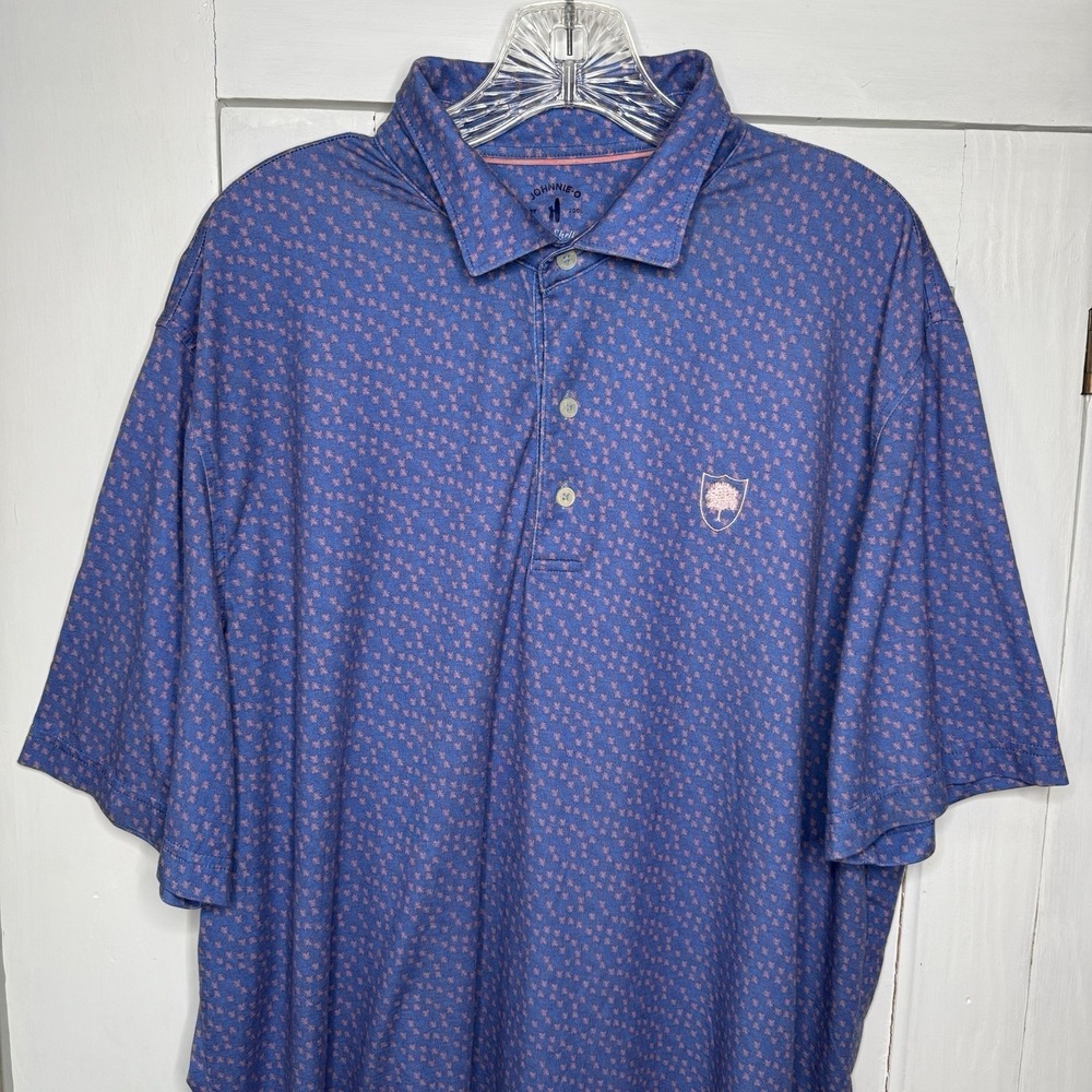 Johnnie O Polo Shirt Men's XL Blue Pink All Over Print Performance Golf Top